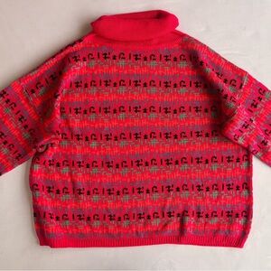 Vintage 80s Bright Geometric Turtleneck Sweater Neon Retro Knit Bold Pattern XL